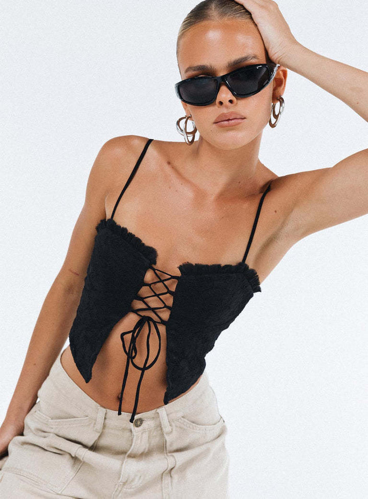 Damen Spitzen-Top mit Schnürung und Rüschendetail Drune