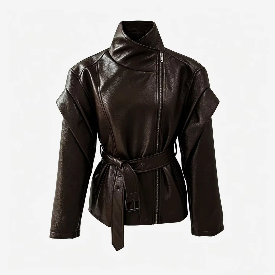 Damen nan taillierte Kunstlederjacke mit asymmetrischem Reißverschluss, hohem Stehkragen und Bindegürtel Drune