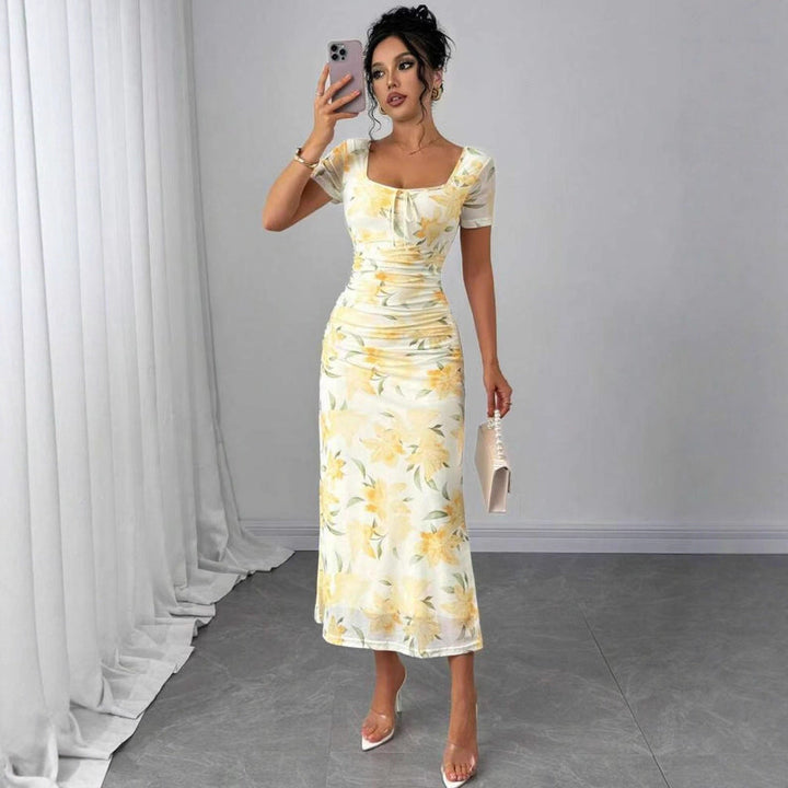 Damen Midi-Kleid mit raffinierten Falten und floralem Muster Drune