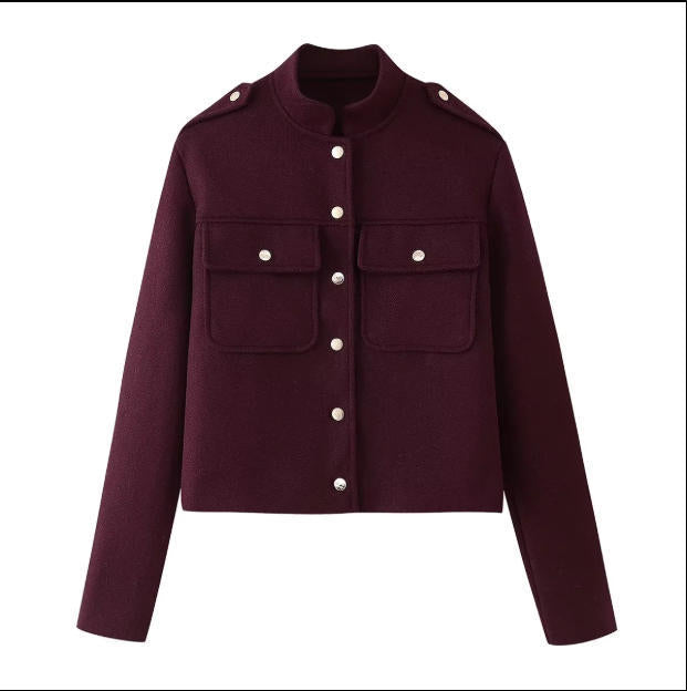 Damen Kurze Cropped‑Utilityjacke aus Wollmix mit Stehkragen und aufgesetzten Klappentaschen Drune