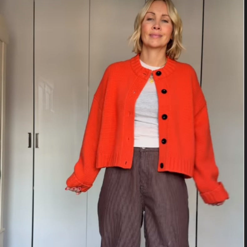 Damen Grobstrick Cropped Cardigan mit überschnittener Schulter & breiten Rippbündchen Drune
