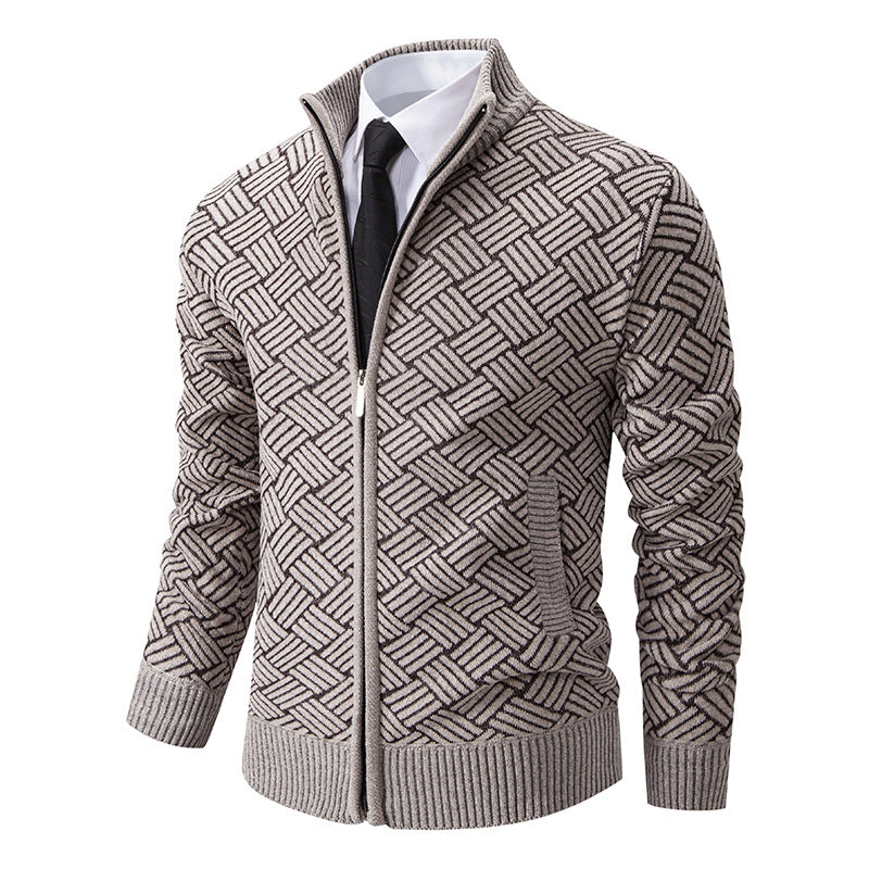 Herren Strick-Zipjacke mit geometrischem Strukturmuster und Stehkragen Drune