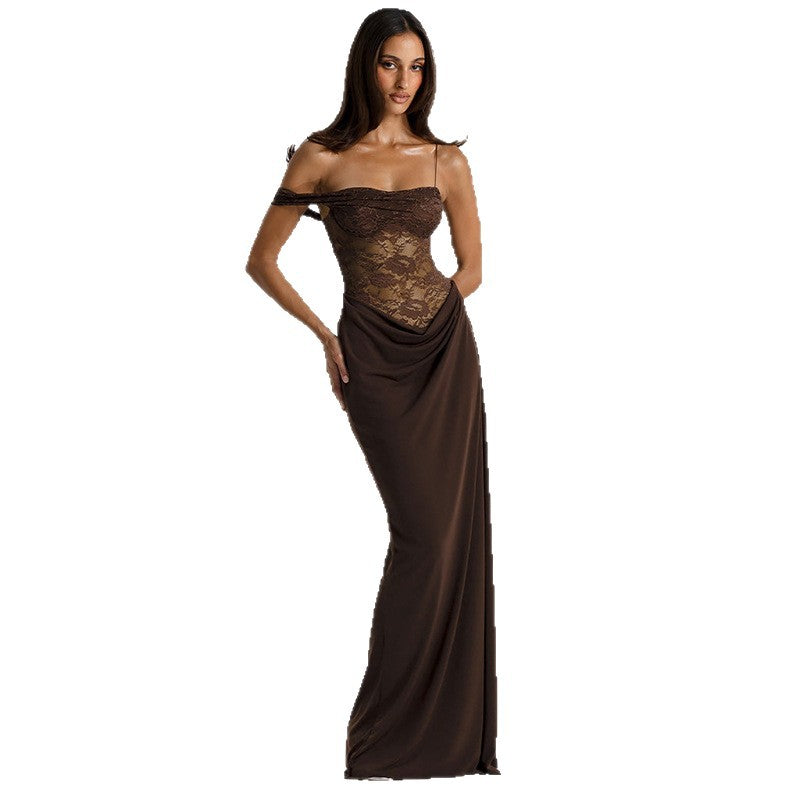Damen Off-Shoulder Abendkleid mit raffinierten Spitzen-Applikationen und fließendem Material Drune
