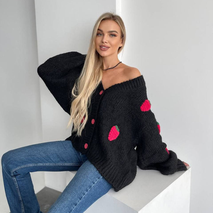 Damen Strickjacke mit verspieltem Erdbeermuster und weiten Ärmeln Drune