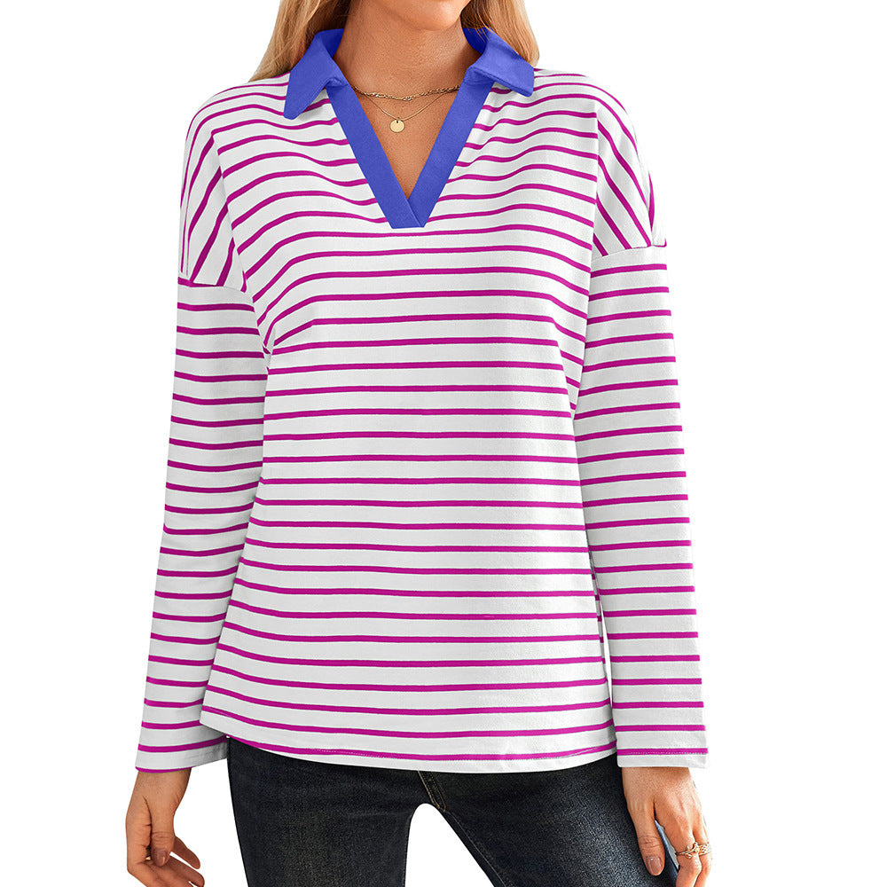 Damen gestreiftes Polo-Shirt mit V-Ausschnitt und kontrastierendem Kragen Drune