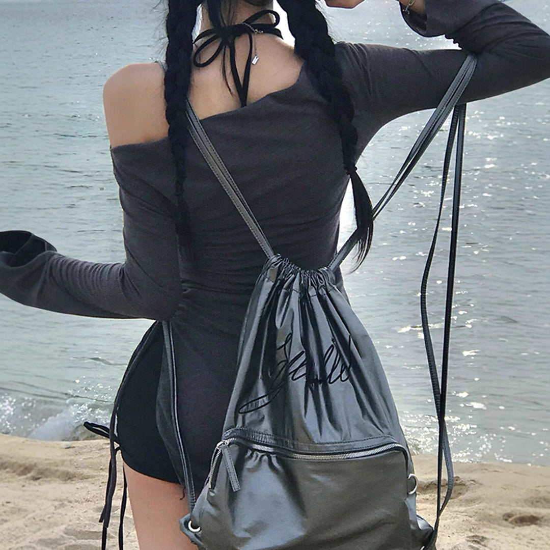 Damen nan figurbetontes Off-Shoulder Rippstrick-Minikleid mit seitlicher Kordelzug-Raffung und langen Ärmeln Drune