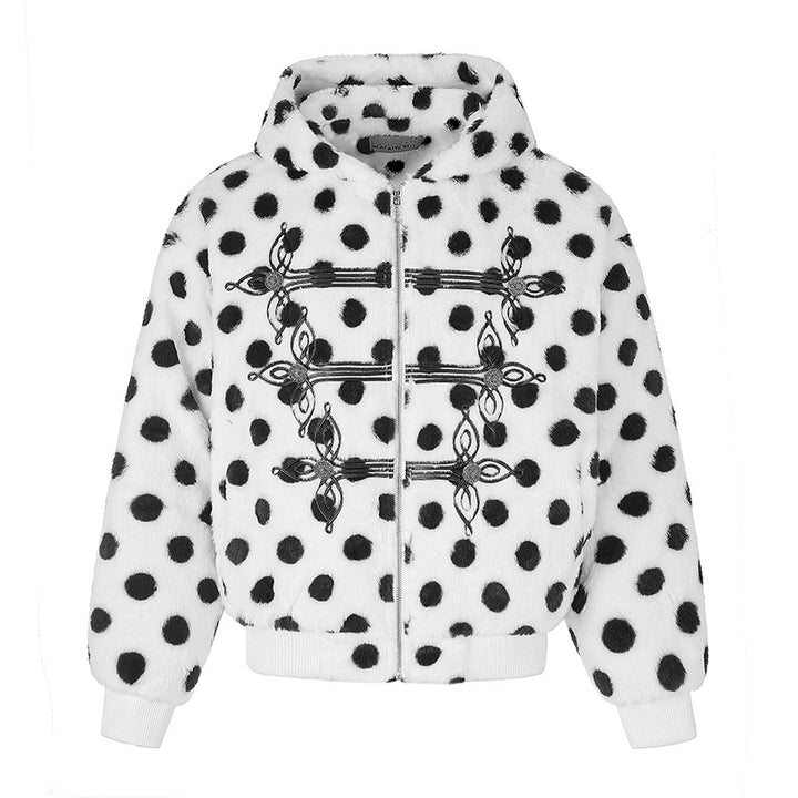 Damen Kapuzen-Fleecejacke im Bomberstil mit Polka‑Dot und dekorativen Froschknopf-Details Drune