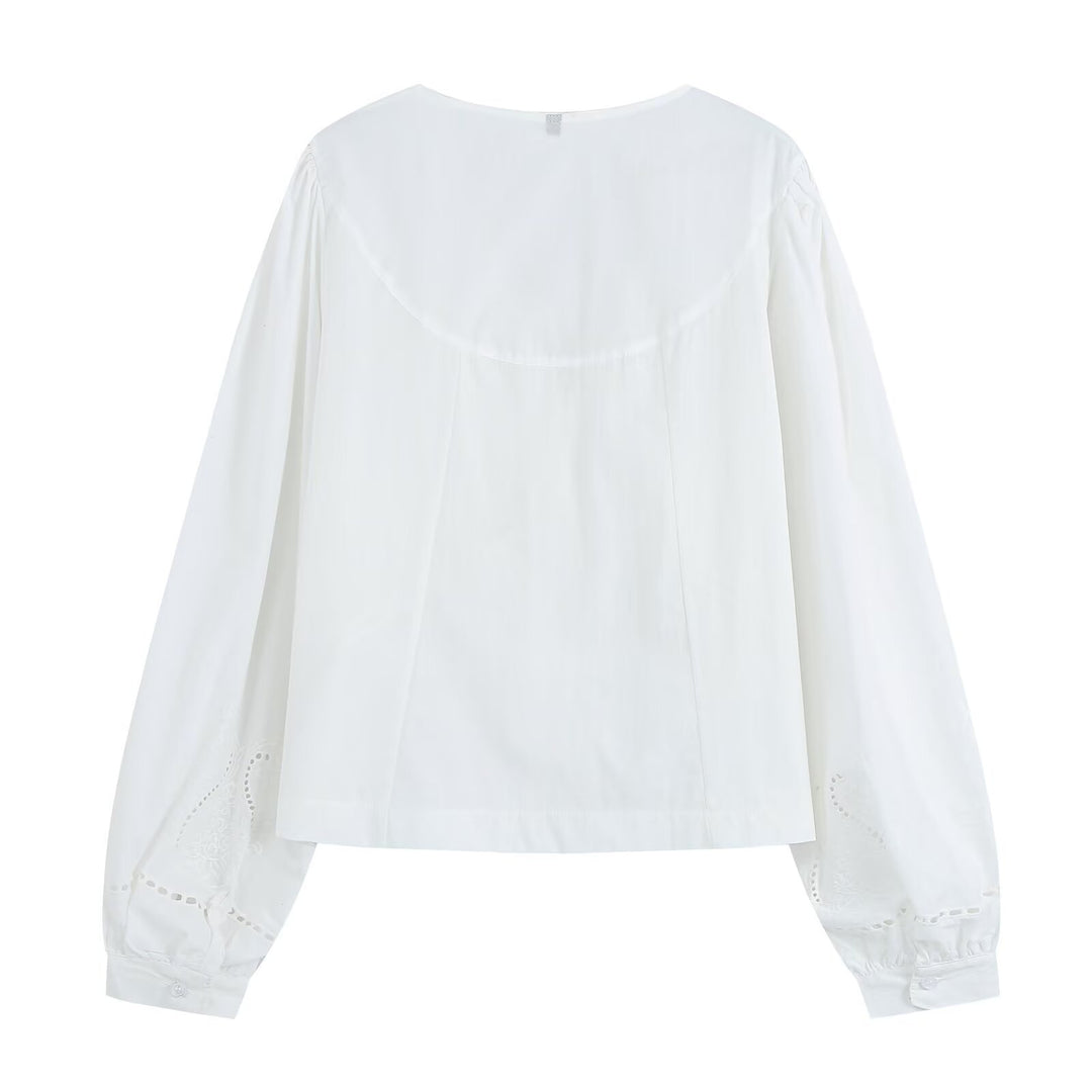 Damen Bestickte V‑Ausschnitt Bluse mit Kellerfaltenpasse und Ballonärmeln Drune