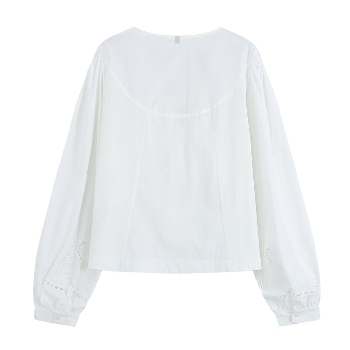 Damen Bestickte V‑Ausschnitt Bluse mit Kellerfaltenpasse und Ballonärmeln Drune