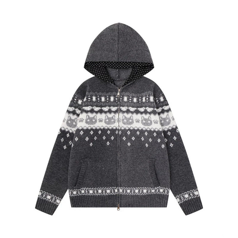 Damen Kapuzen-Strickjacke mit Norwegermuster, zweifachem Reißverschluss und Kängurutaschen Drune