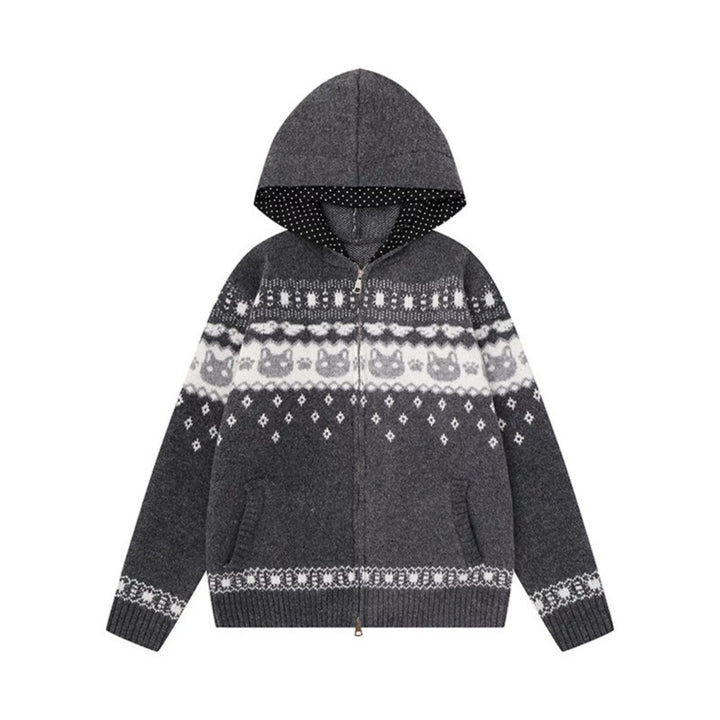 Damen Kapuzen-Strickjacke mit Norwegermuster, zweifachem Reißverschluss und Kängurutaschen Drune