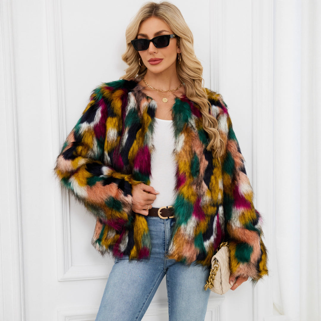 Damen Modische Kunstpelzjacke mit auffälligem Muster Drune