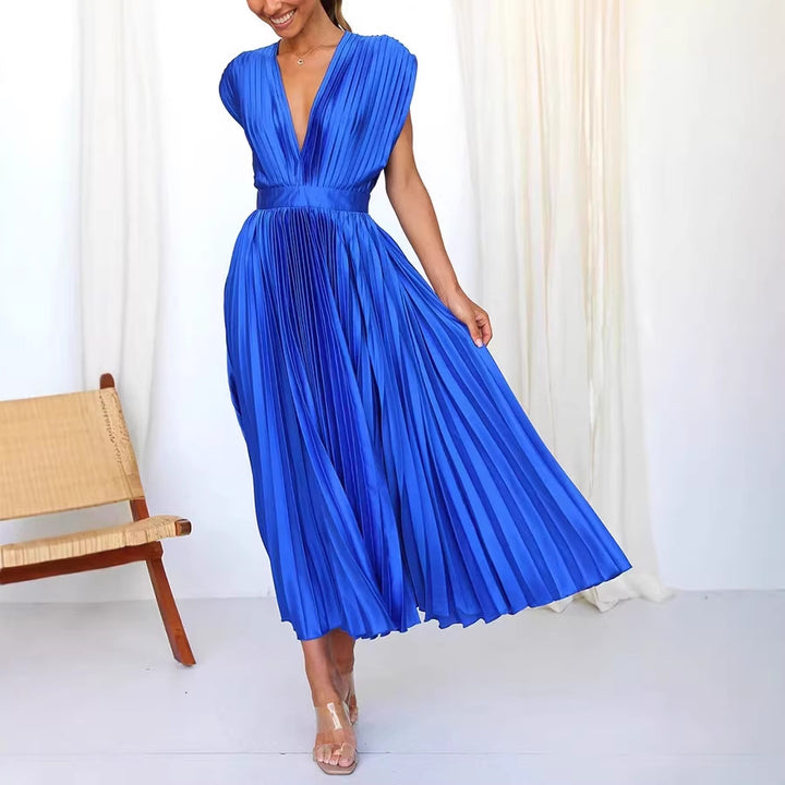 Damen Plissiertes Midikleid mit tiefem V-Ausschnitt und Taillengürtel Drune