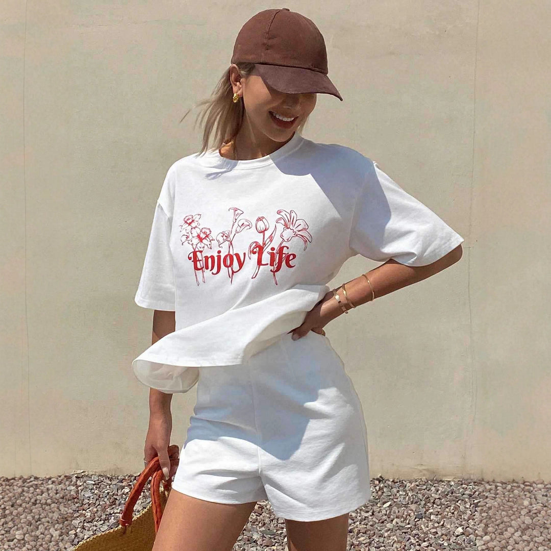 Damen Lässiges Oversize-T-Shirt mit floralem Druck und inspirierendem Schriftzug Drune