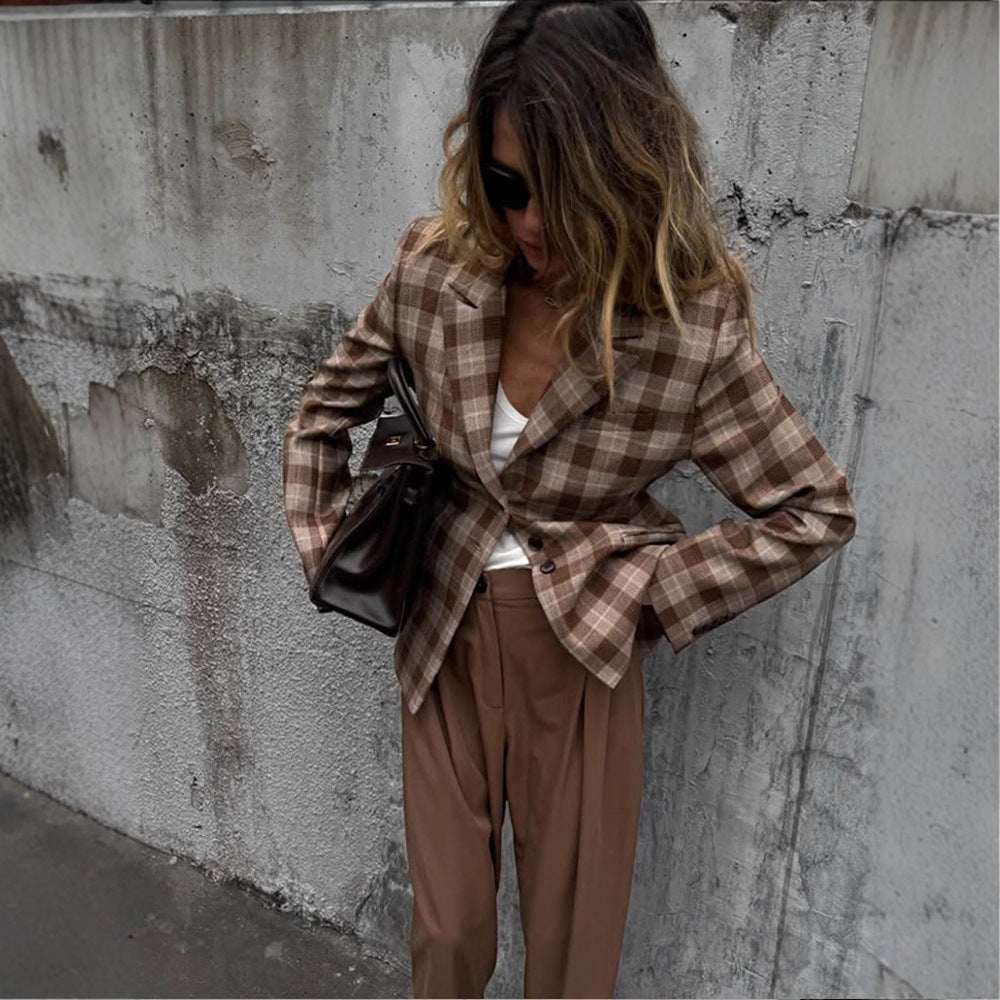Damen Karo-Blazer und Minirock Set mit taillierter Silhouette und Schößchen Drune