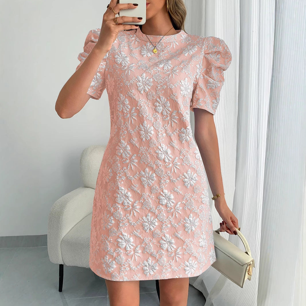 Damen nan florales Jacquard-Minikleid mit gestuften Puffärmeln Drune