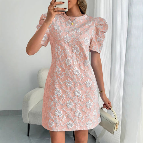 Damen nan florales Jacquard-Minikleid mit gestuften Puffärmeln Drune
