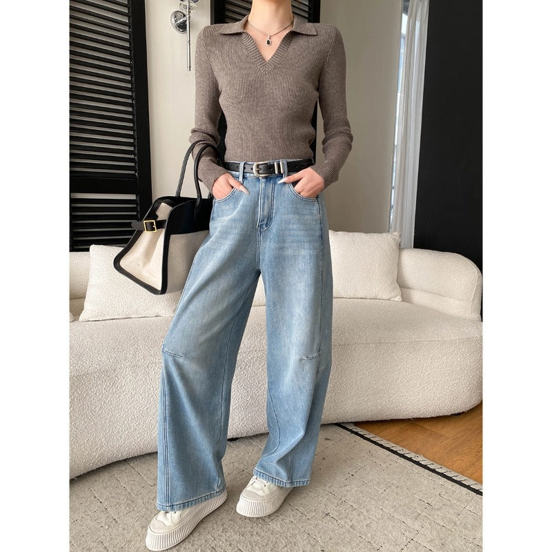 Damen elegantes V-Ausschnitt Langarmshirt aus feinem Rippstrick Drune