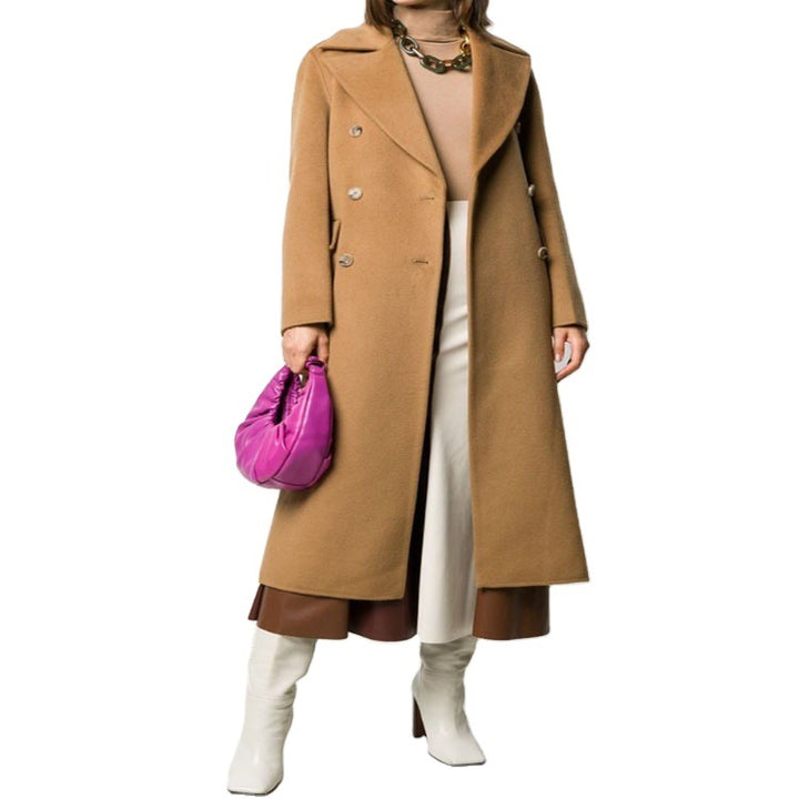 Damen Bodenlanger Zweireihiger Wollmix-Longcoat mit dezentem Gehschlitz und breitem Schalkragen Drune
