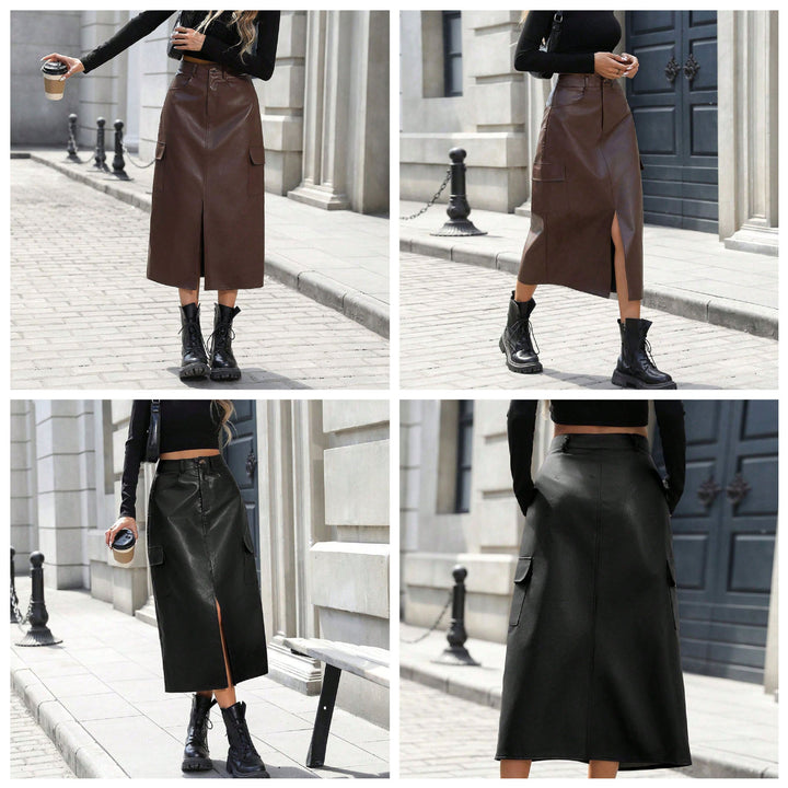 Damen Midirock aus Kunstleder mit praktischen Taschen und elegantem Schlitz Drune