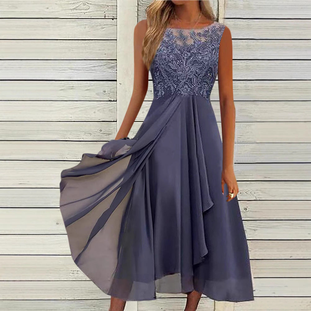Damen nan ärmelloses Chiffon-Midikleid mit bestickter Illusionsspitze, Schiff-Ausschnitt und mehrlagigem Schwingrock Drune