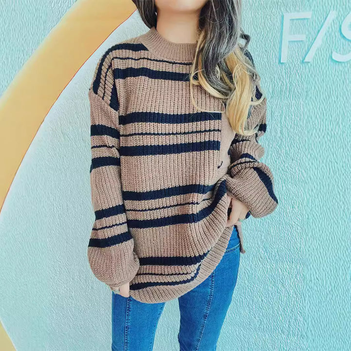 Damen oversized Strickpullover mit modernen Streifen Drune