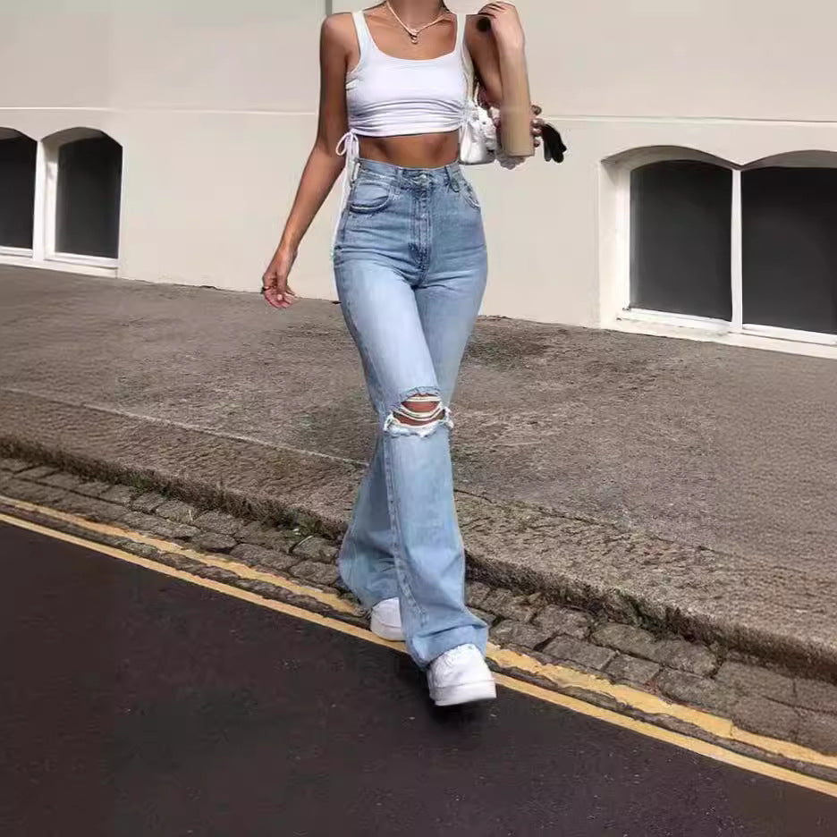 Damen Vintage Schlagjeans mit modischen Rissdetails und hohem Bund Drune