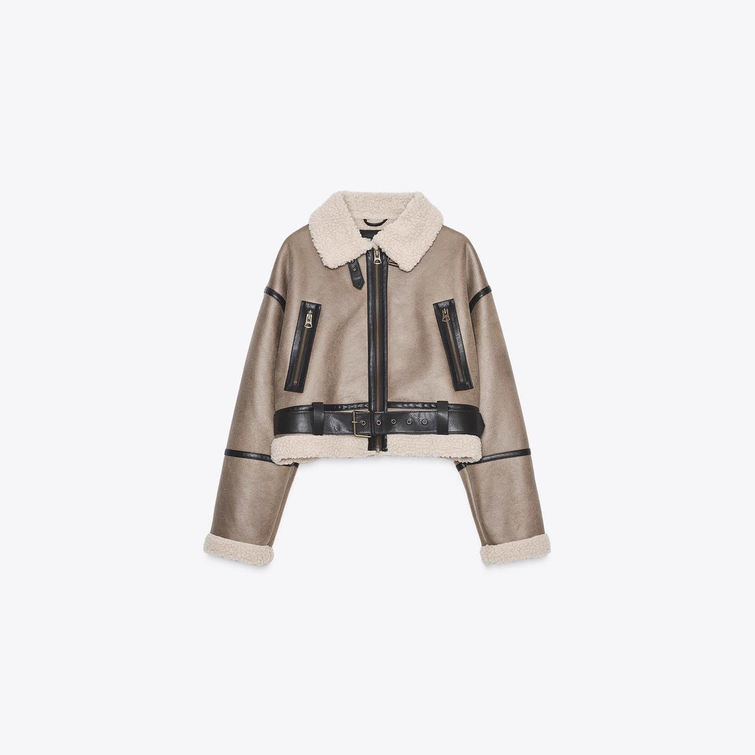 Damen Cropped Lammfelloptik‑Blouson mit Teddykragen und Taillengürtel Drune