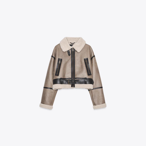 Damen Cropped Lammfelloptik‑Blouson mit Teddykragen und Taillengürtel Drune
