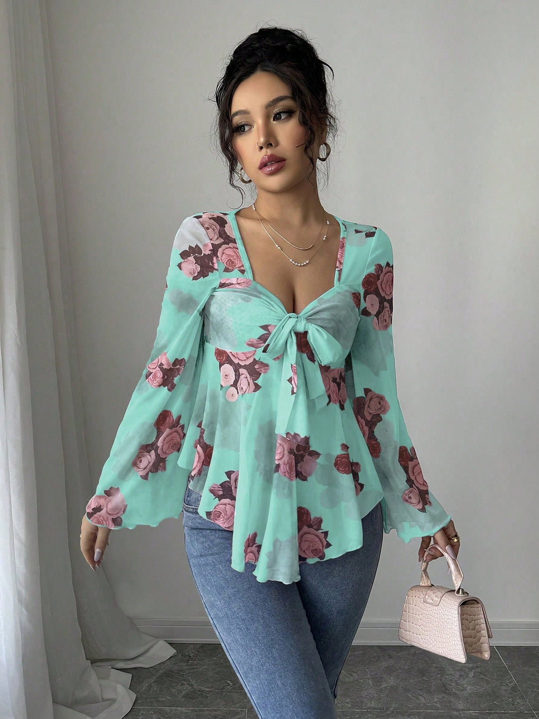 Damen Transparente Chiffon-Babydoll-Bluse mit Knotenfront und floralem Allover-Print Drune