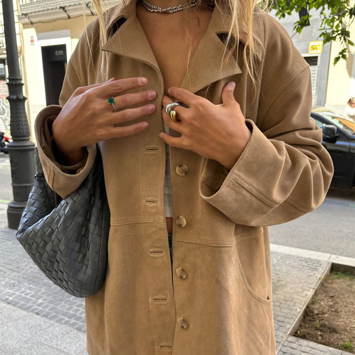 Damen Kurzmantel aus Veloursleder‑Optik mit kastiger Silhouette, Hornknopf‑Front & Eingrifftaschen Drune