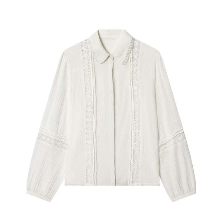 Damen Bluse mit zarter Spitzenapplikation, verdeckter Knopfleiste und Ballonärmeln Drune