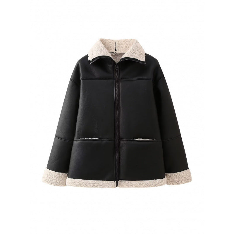 Damen Kunstlederjacke mit gemütlichem Teddyfutter und praktischen Taschen Drune