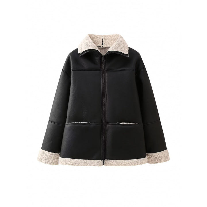 Damen Kunstlederjacke mit gemütlichem Teddyfutter und praktischen Taschen Drune