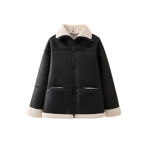 Damen Kunstlederjacke mit gemütlichem Teddyfutter und praktischen Taschen Drune