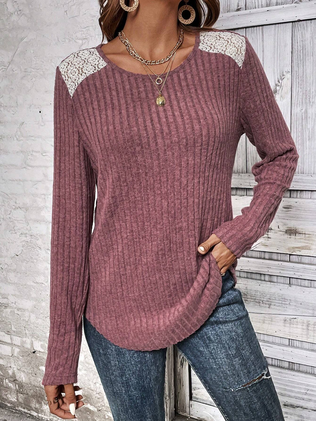 Damen Langarmshirt mit feinen Rippdetails und Spitzenakzenten Drune