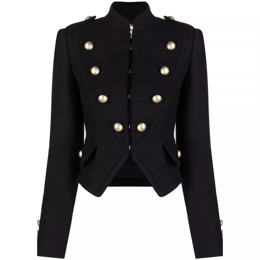 Damen Taillierter Kurzer Military‑Blazer mit Zierknöpfen und Stehkragen Drune