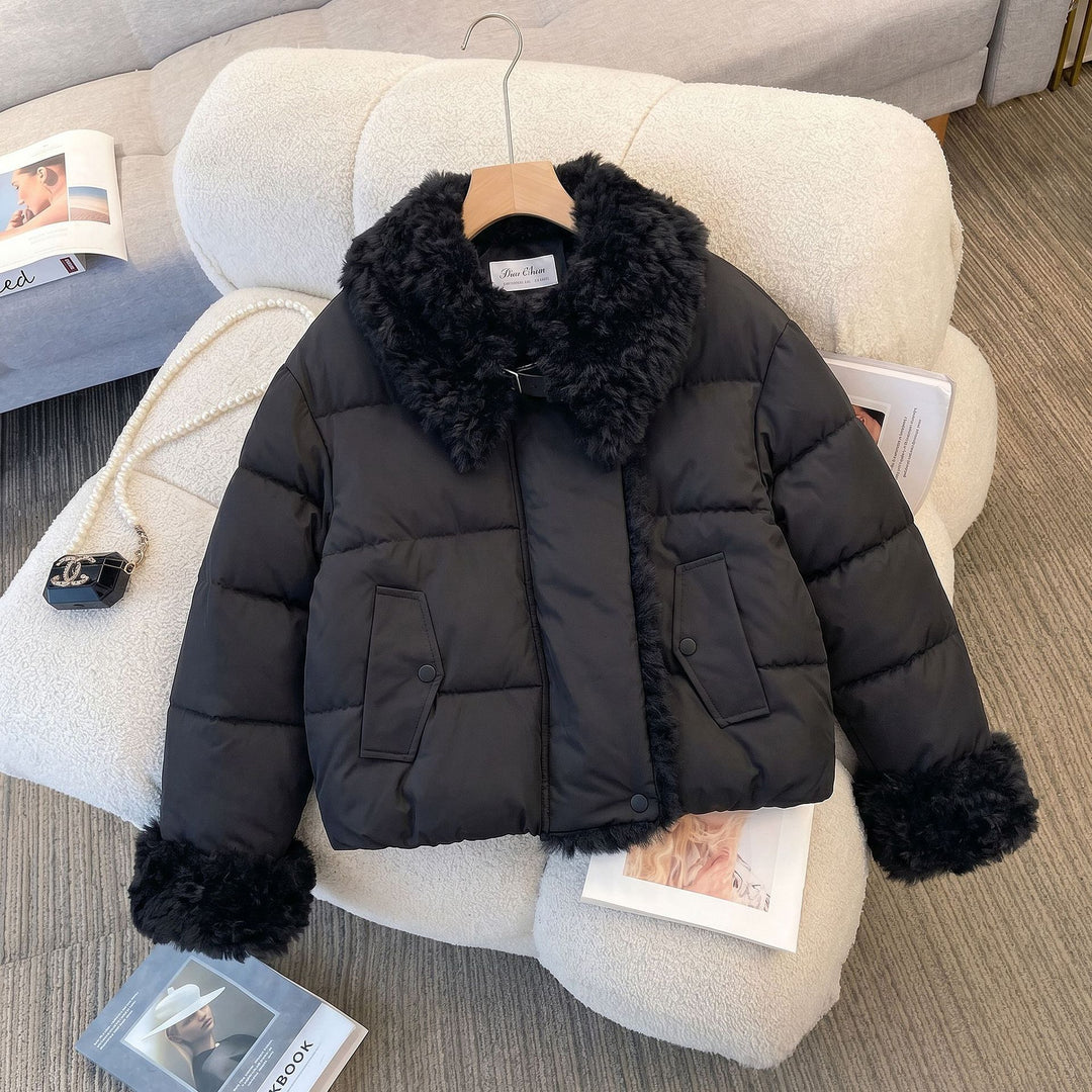 Damen nan wattierte Kurzjacke mit voluminösem Kunstfellkragen und Bommelbändern Drune