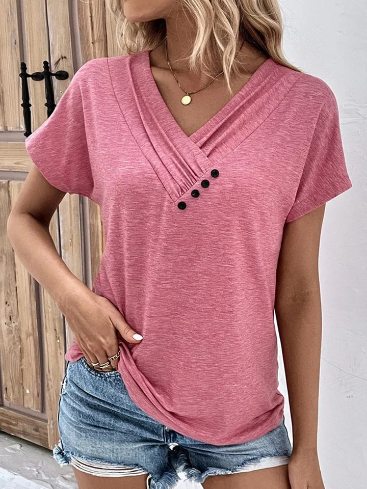 Damen T-Shirt mit elegantem V-Ausschnitt und modischen Knopfdetails Drune