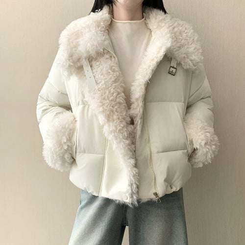 Damen nan kurze Oversize-Pufferjacke mit Teddyfutter, Umlegekragen und Schnallenverschluss Drune