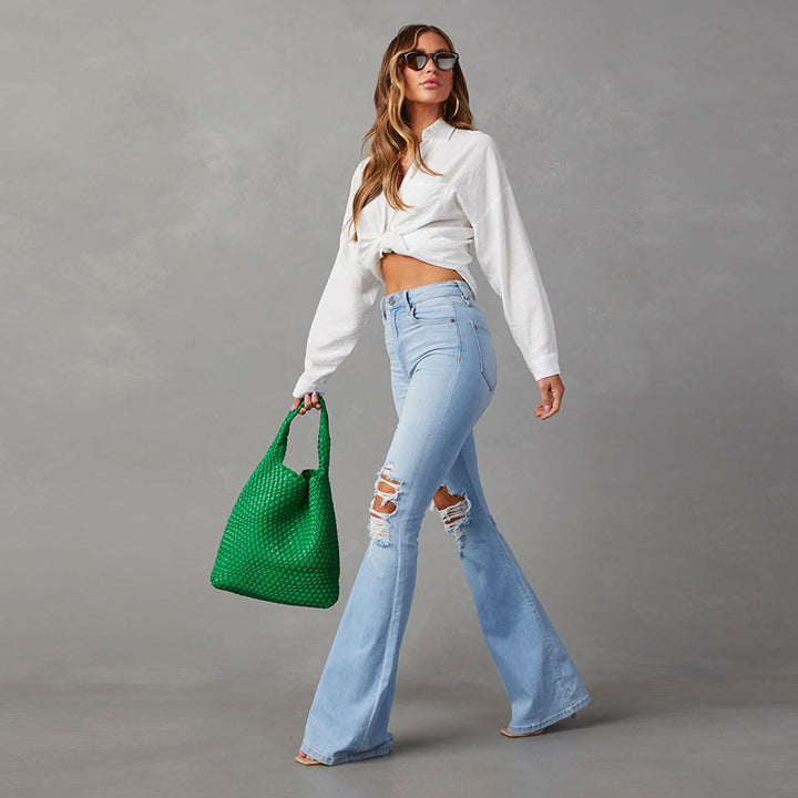 Damen Flared Jeans mit hohen Rissen und hohem Bund Drune