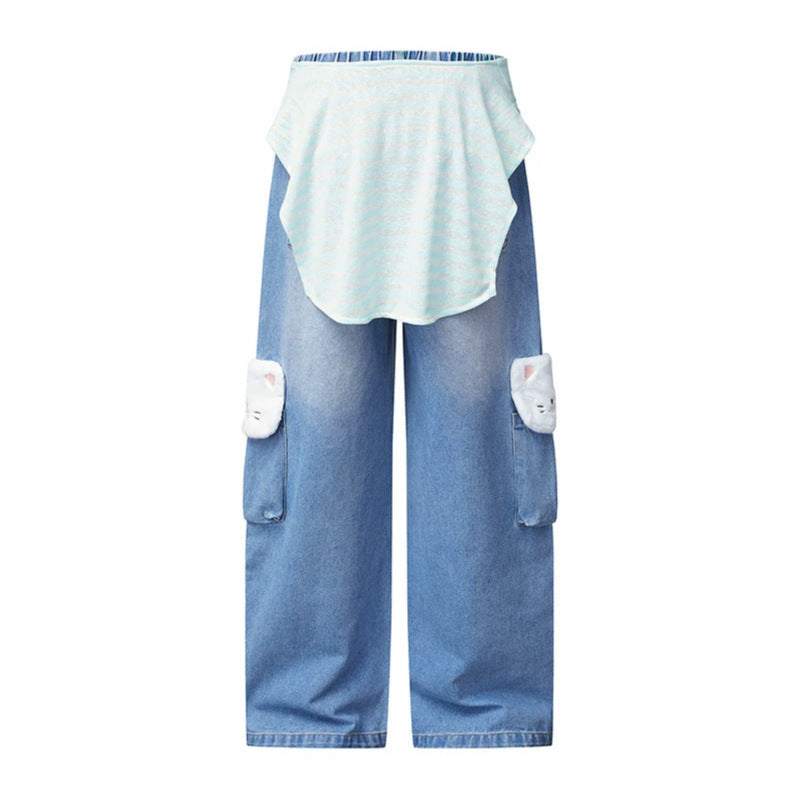 Damen Weiter Cargo-Jeans mit Plüschtaschen, Stickereien und elastischem Bund Drune
