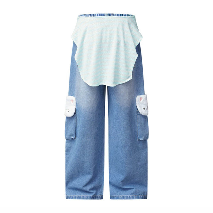 Damen Weiter Cargo-Jeans mit Plüschtaschen, Stickereien und elastischem Bund Drune