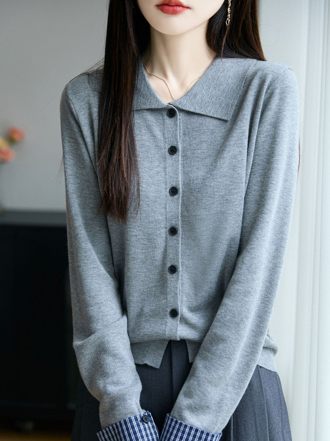 Damen Leichter Feinstrick-Cardigan mit breitem Hemdkragen und Frontknopfleiste Drune