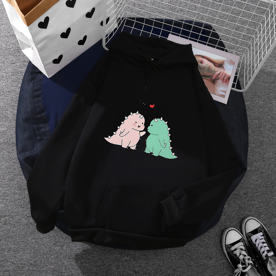 Damen nan Kapuzenpullover mit niedlicher Dinosaurierpärchen‑Illustration, Oversize‑Schnitt und Kängurutasche Drune