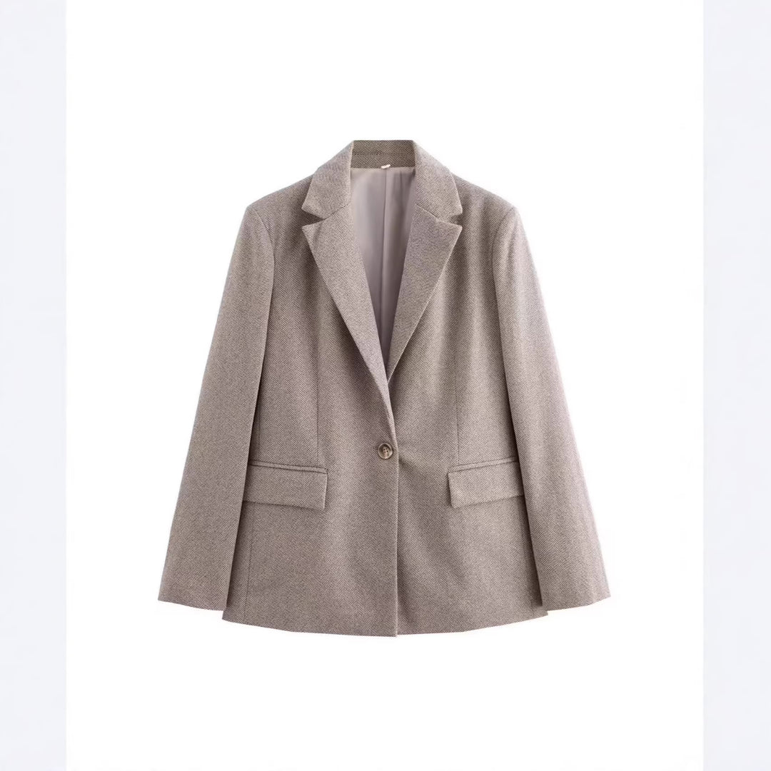 Damen Einreihiger Blazer mit Fischgrätmuster, Reverskragen und Pattentaschen Drune