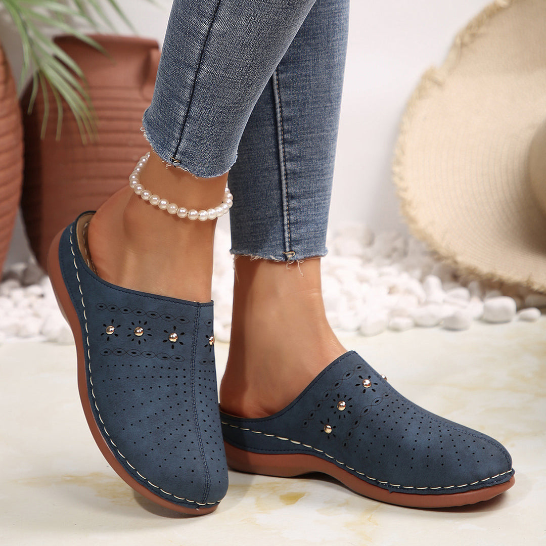 Damen  gepolsterte Mule-Pantoletten mit feiner Laserperforation, dekorativen Nieten und ergonomischer Memory-Innensohle Drune