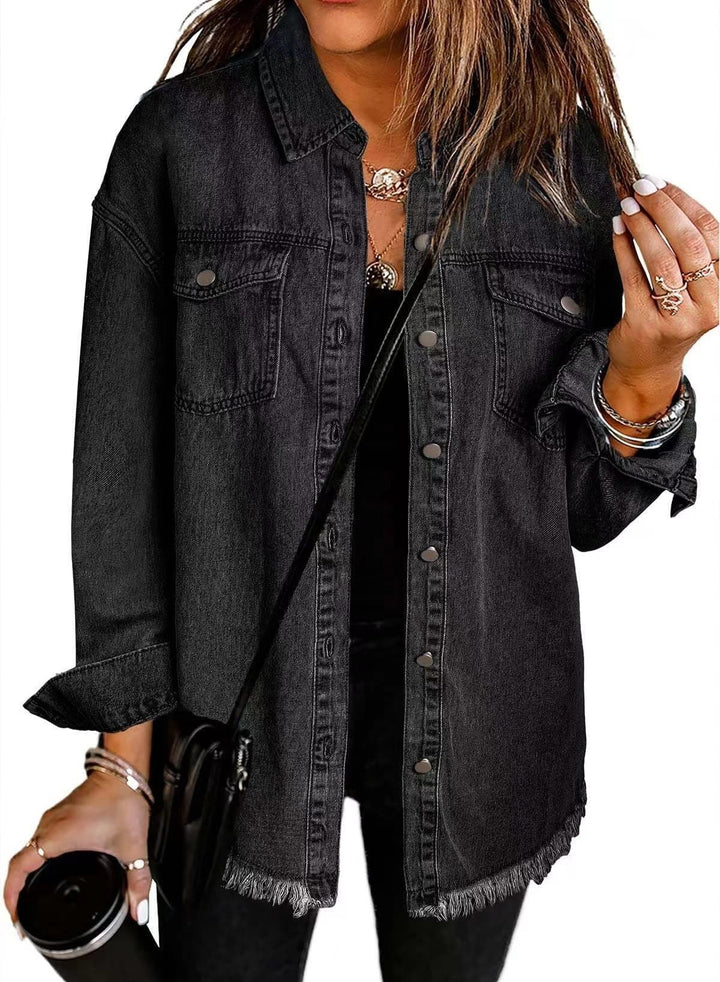Damen Jeanshemd mit fransigem Saum und praktischen Taschen Drune