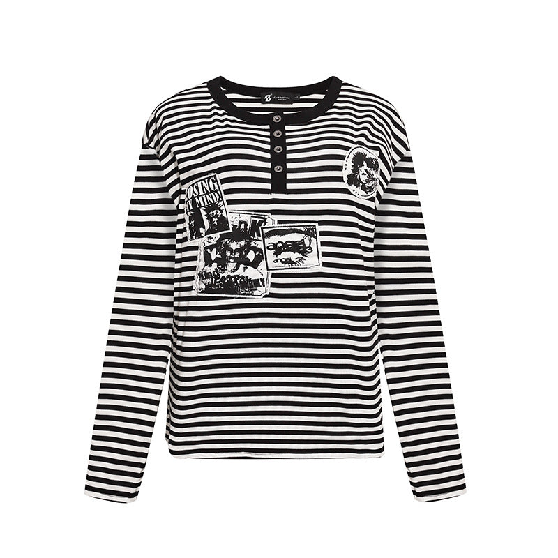 Damen Gestreiftes Langarm-Henleyshirt mit Knopfleiste und Grafikpatches Drune