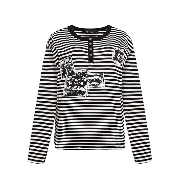 Damen Gestreiftes Langarm-Henleyshirt mit Knopfleiste und Grafikpatches Drune